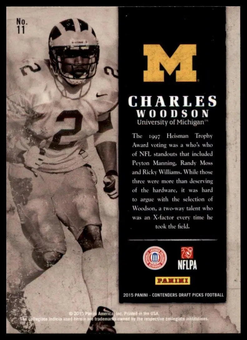 Charles Woodson football card from Panini Contenders Draft series featuring Michigan Old School Colors