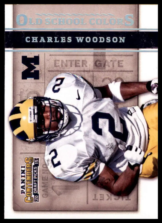 Charles Woodson football card from Panini Contenders Draft series featuring Michigan colors