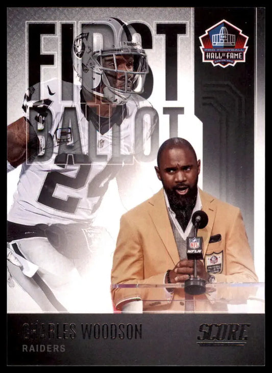Charles Woodson football card from 2022 Score First Ballot series featuring Oakland Raiders