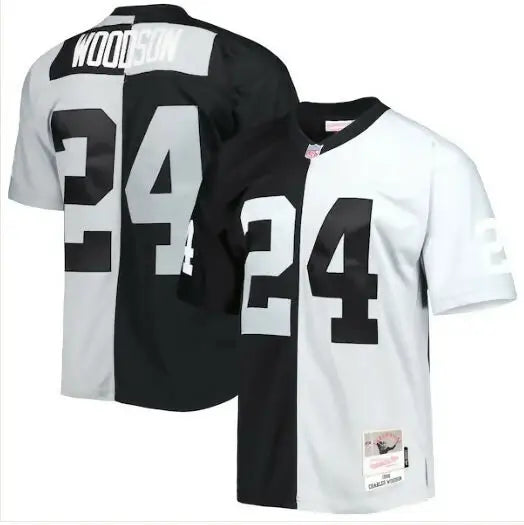 Black and white split Charles Woodson Las Vegas Raiders 1998 jersey with number 24