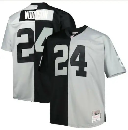 Black and gray split legacy Charles Woodson replica jersey with number 24 for Raiders