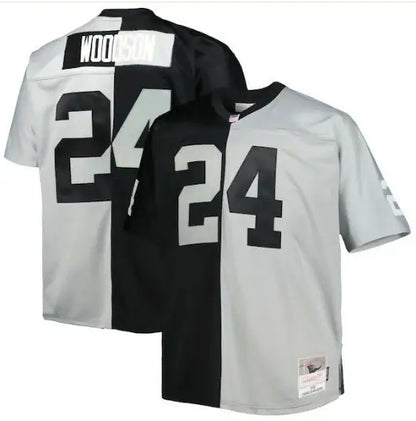 Black and gray split legacy Charles Woodson replica jersey with number 24 for Raiders