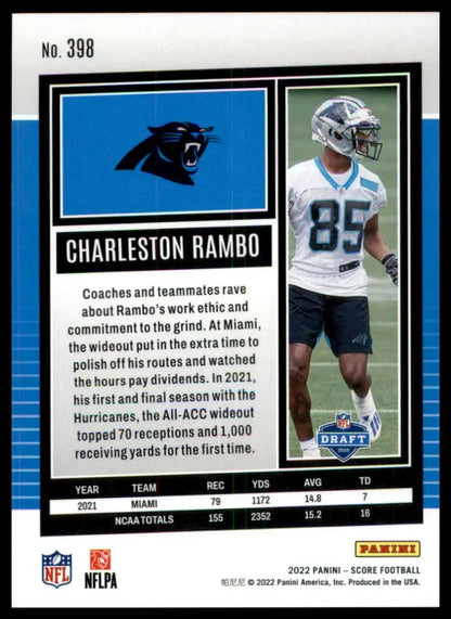 Charleston Rambo football card from 2022 Score Rookie #398 Carolina Panthers