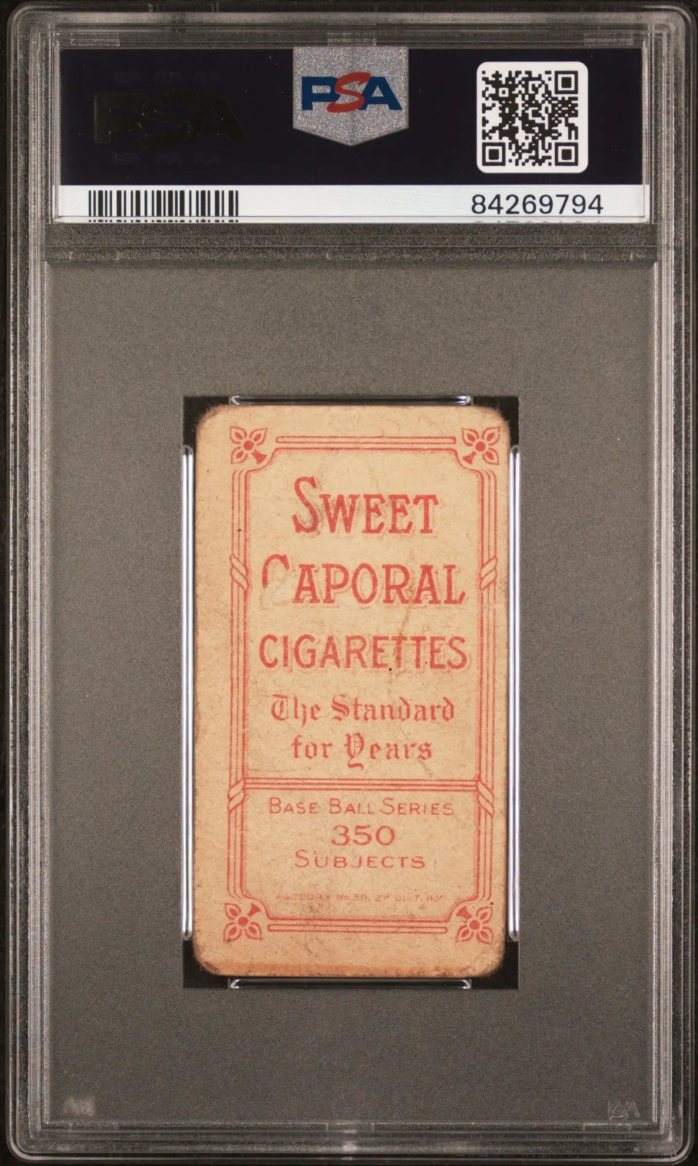 PSA-graded Charley Carr 1909-11 T206 Sweet Caporal cigarette card with pink text