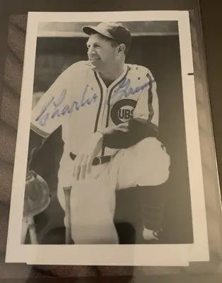 Autographed black and white Chicago Cubs signed 3x5 photo postcard featuring Charlie Grimm