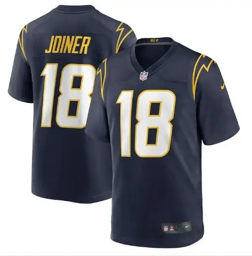 Dark blue Los Angeles Chargers Nike game jersey with gold accents and number 18