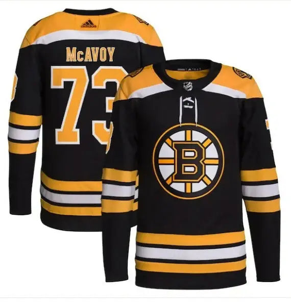 Black and gold Boston Bruins hockey jersey featuring Charlie McAvoy for the adidas Home Primegreen Authentic Pro Player collection