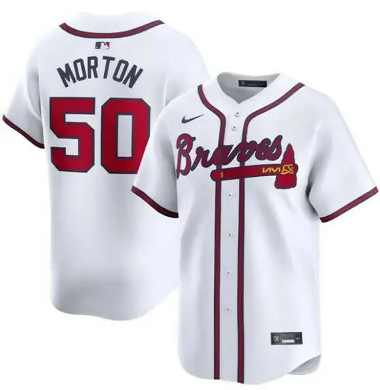 White Atlanta Braves Charlie Morton Nike Home Limited Player Jersey displayed