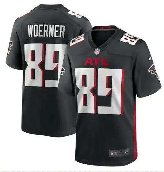 Black Atlanta Falcons Charlie Woerner Nike Game Jersey with white numbers and red accents