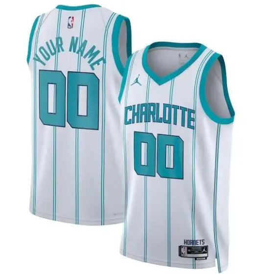 White and teal striped Charlotte Hornets Jordan Brand unisex swingman jersey displaying team name