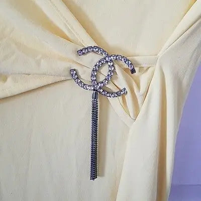 Rhinestone CC logo brooch with dangling tassel on charming yellow halter sundress size small