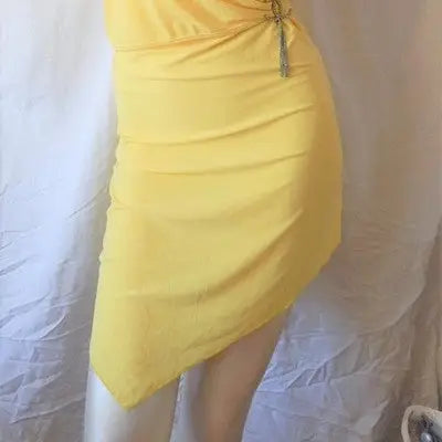 Yellow halter mini dress with side ruching and chain detail, size small summer dress