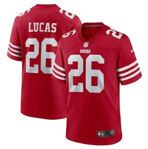 Red San Francisco 49ers Nike Game Jersey with LUCAS 26 front and back