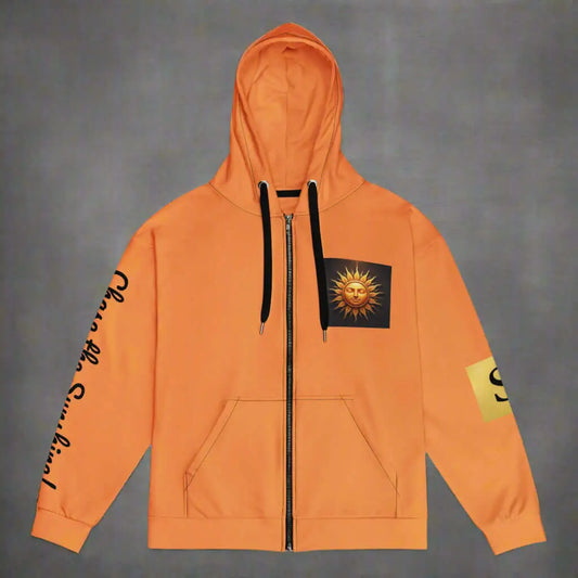 Orange unisex zip-up hoodie with sun graphic and black drawstrings perfect for sunshine unisex style