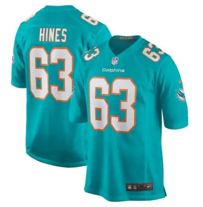 Chasen Hines Miami Dolphins teal Nike game jersey with #63 Hines Miami Dolphins logo