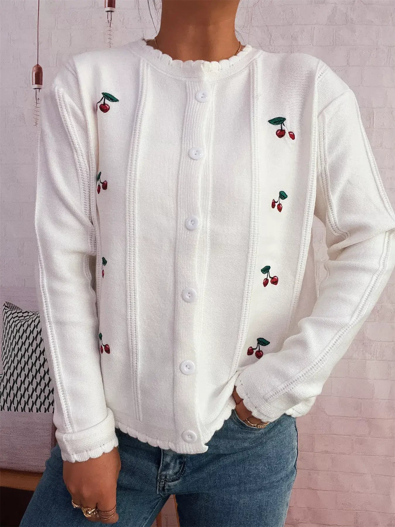 Cherry Embroidered Button Up Cardigan - Cardigan