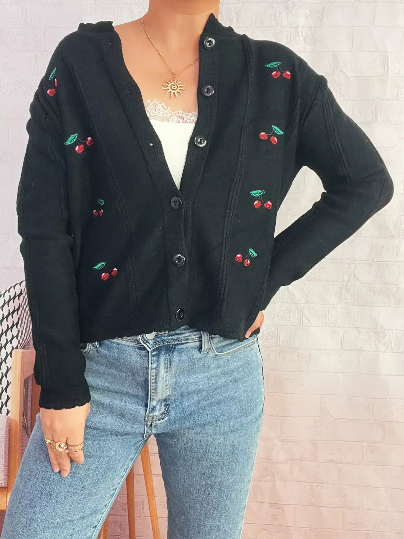 Cherry Embroidered Button Up Cardigan - Cardigan