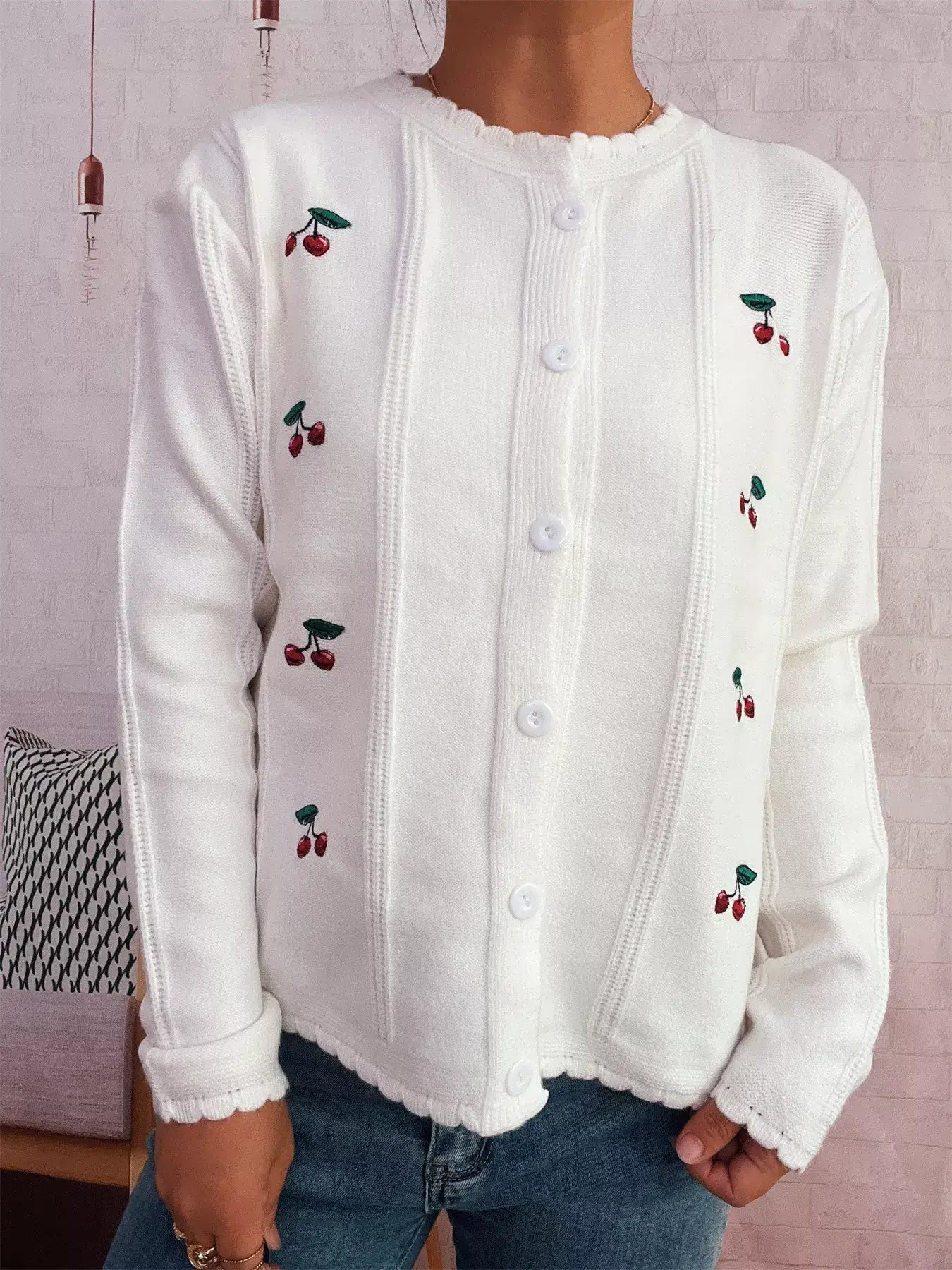 Cherry Embroidered Button Up Cardigan - Cardigan