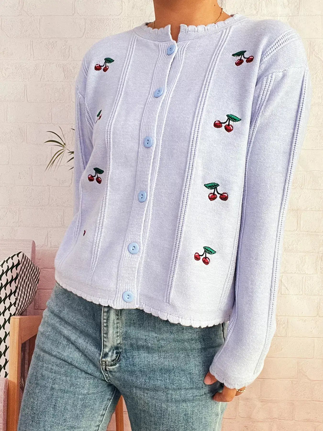 Cherry Embroidered Button Up Cardigan - Cardigan