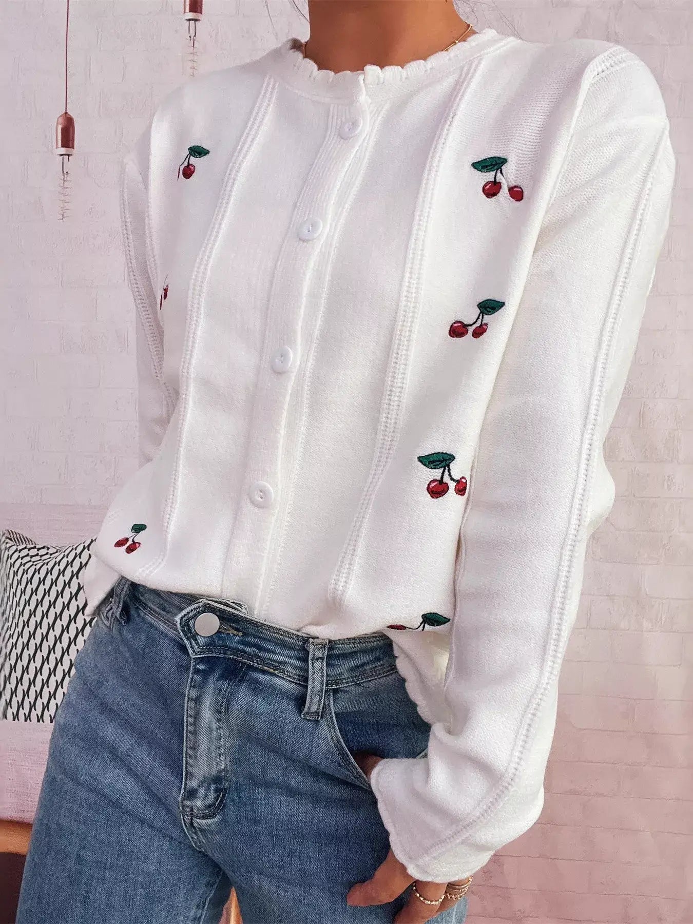 Cherry Embroidered Button Up Cardigan - Cardigan