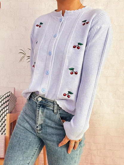 Cherry Embroidered Button Up Cardigan - Cardigan