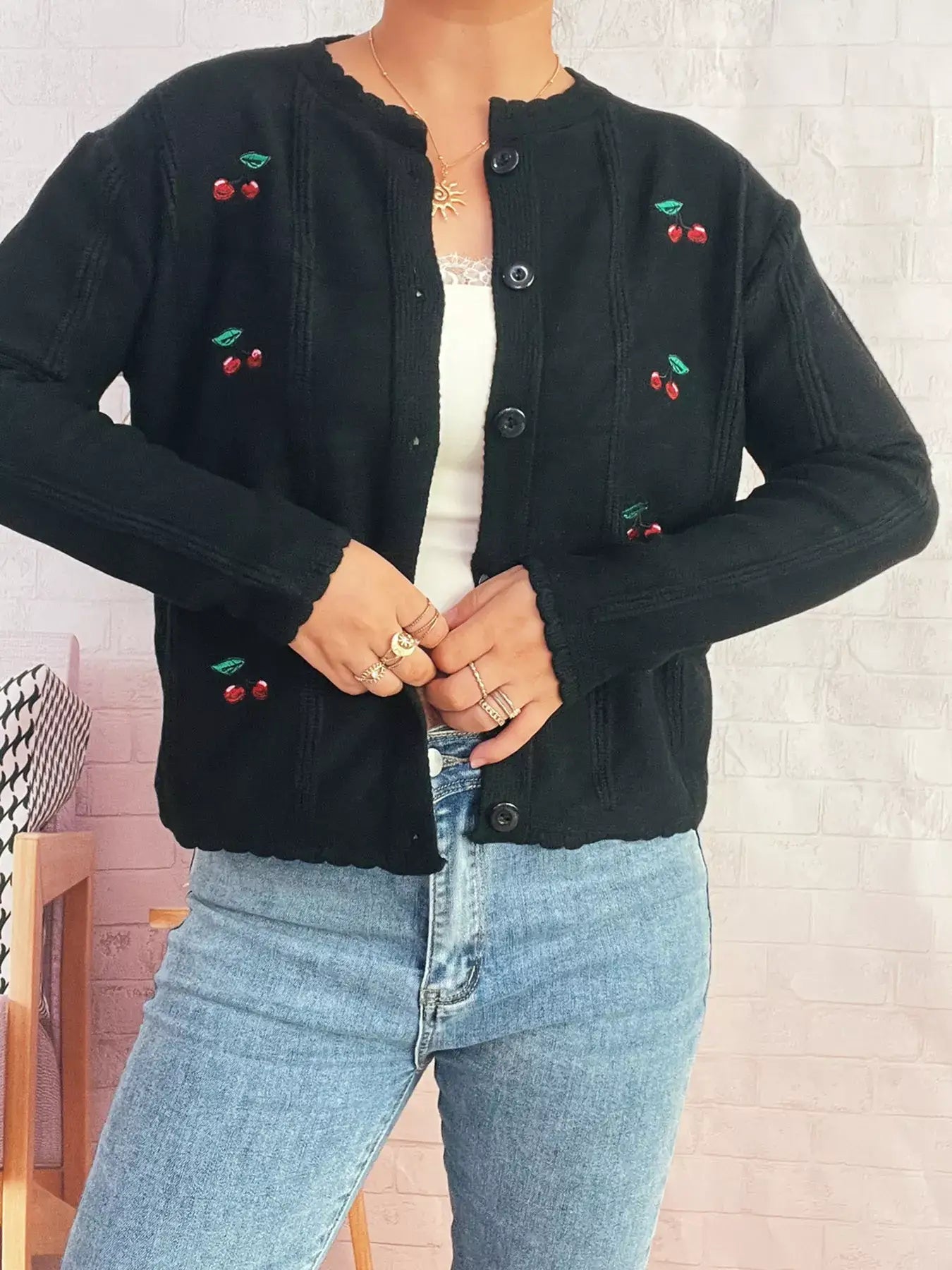 Cherry Embroidered Button Up Cardigan - Cardigan