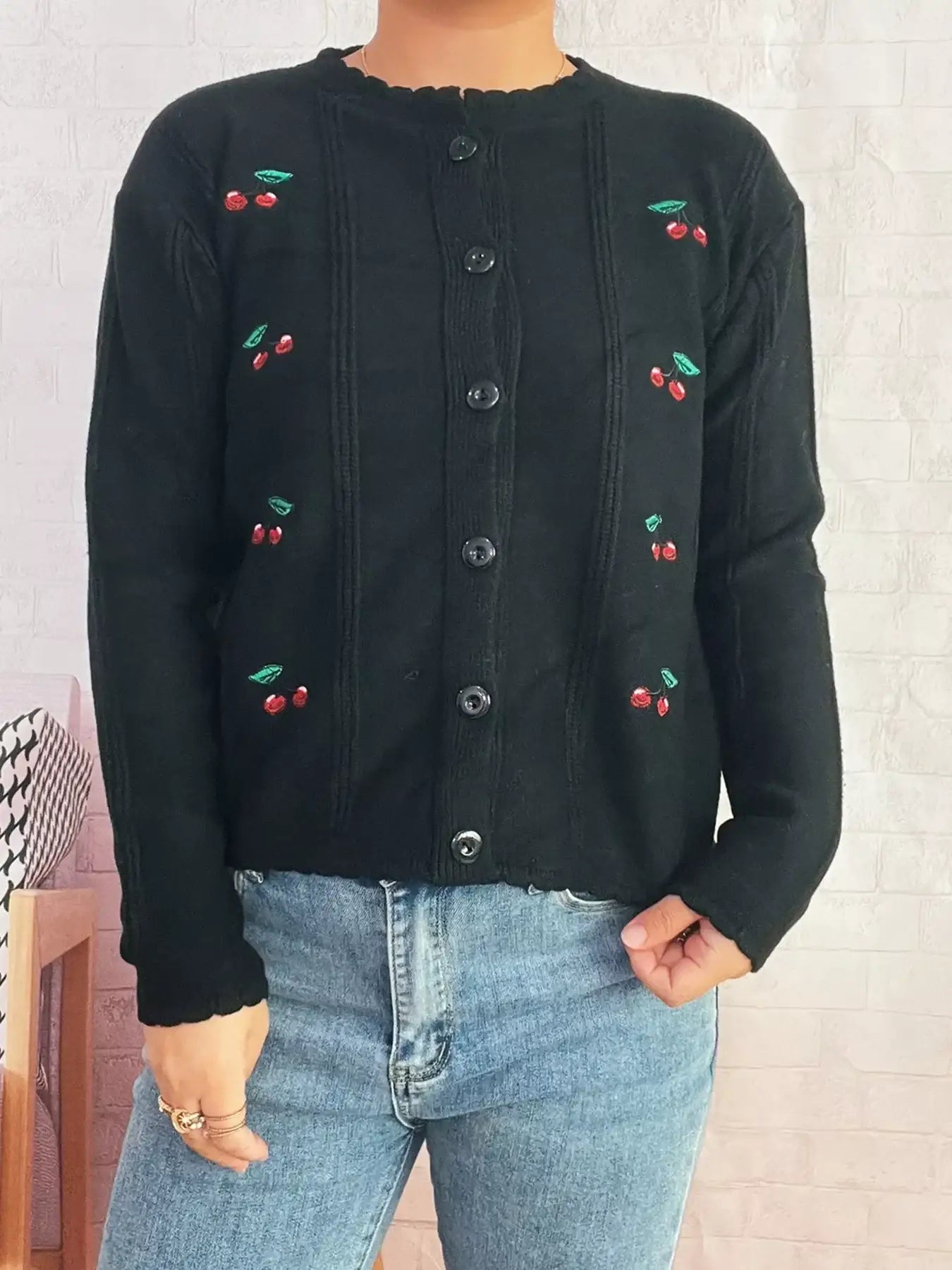 Cherry Embroidered Button Up Cardigan - Cardigan
