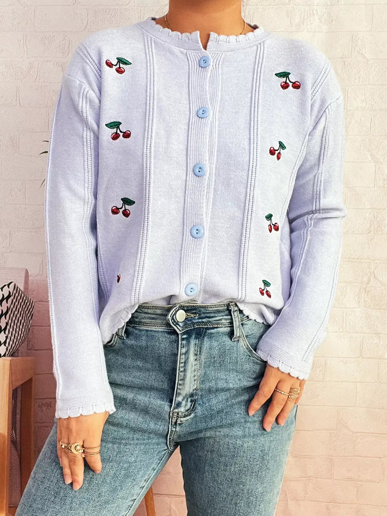 Cherry Embroidered Button Up Cardigan - Cardigan