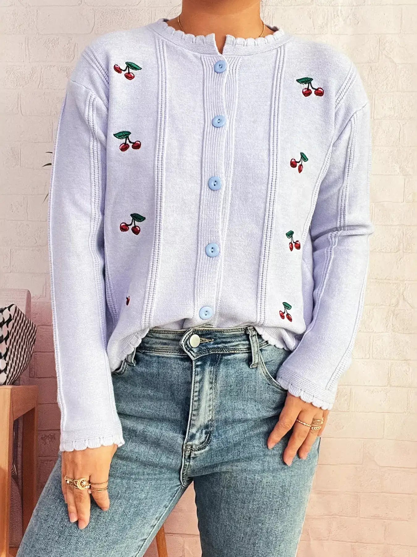 Cherry Embroidered Button Up Cardigan - Cardigan