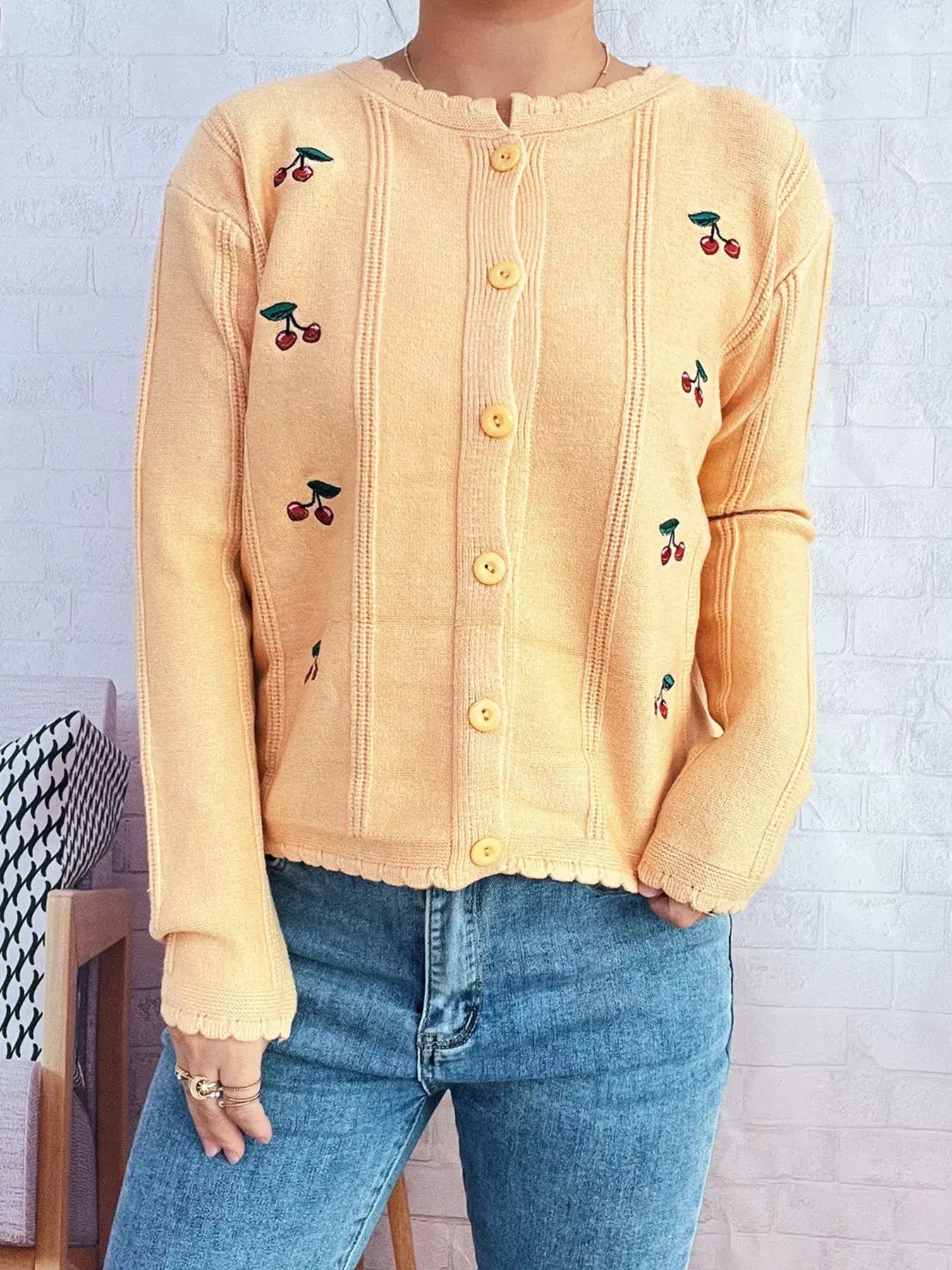 Cherry Embroidered Button Up Cardigan - Cardigan