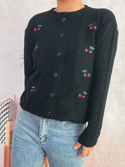 Cherry Embroidered Button Up Cardigan - Black / One Size - Cardigan