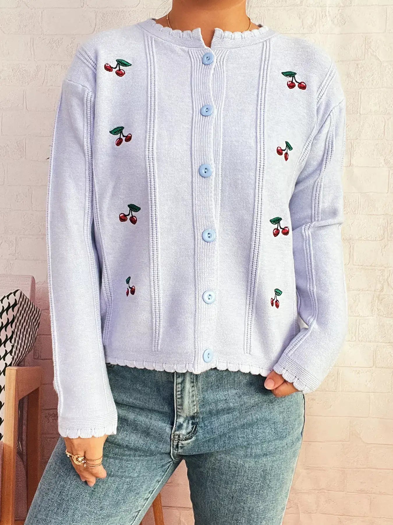 Cherry Embroidered Button Up Cardigan - Light Blue / One Size - Cardigan