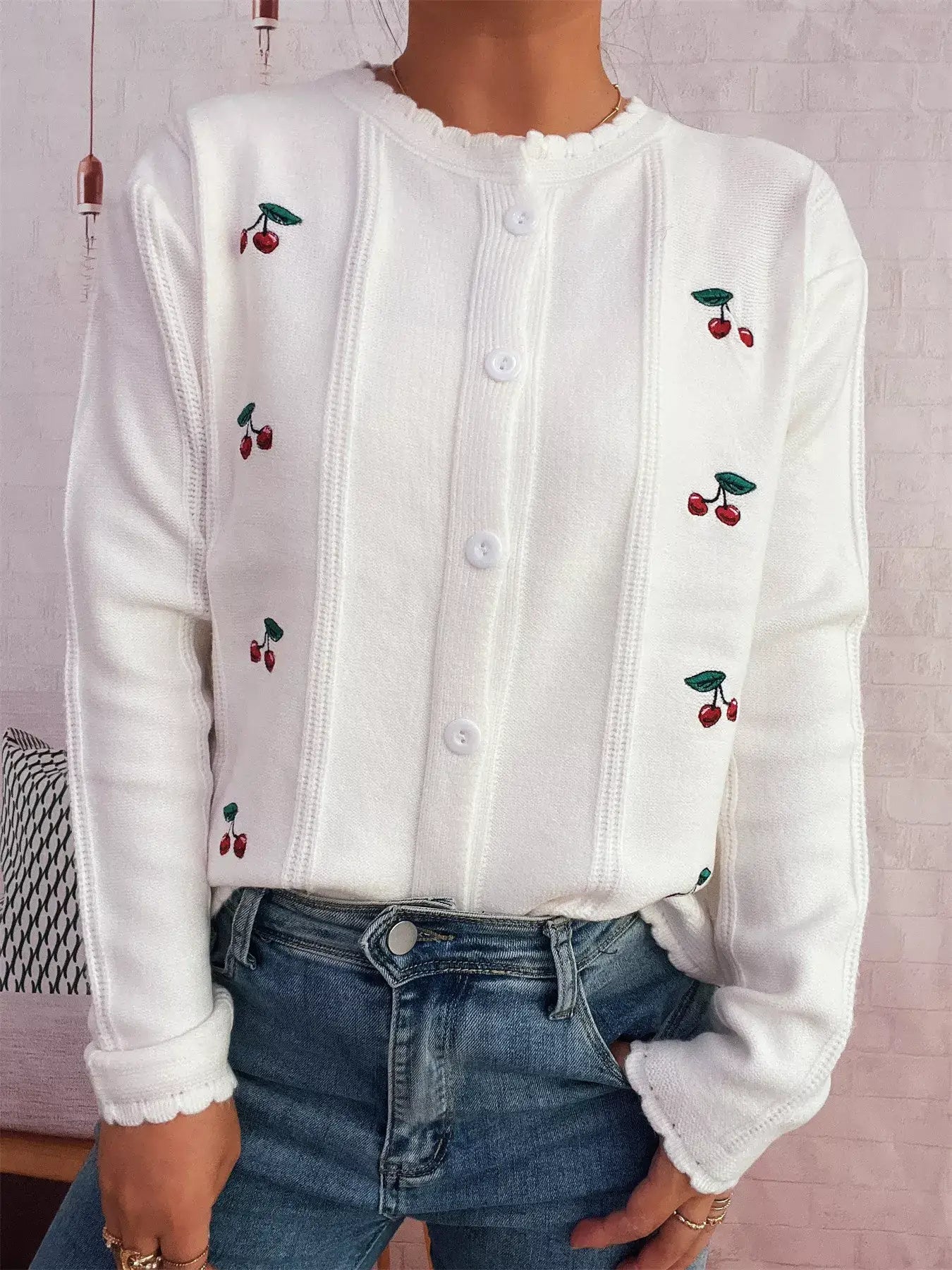 Cherry Embroidered Button Up Cardigan - White / One Size - Cardigan