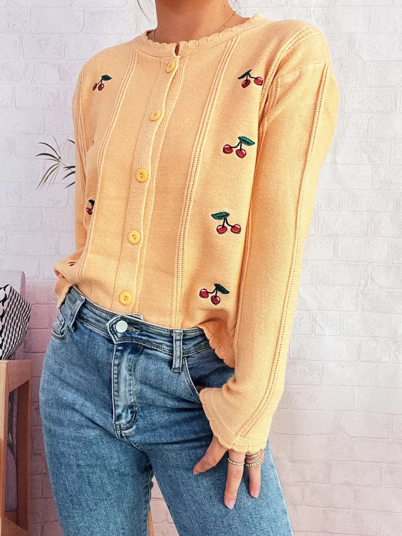Cherry Embroidered Button Up Cardigan - Yellow / One Size - Cardigan
