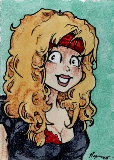 Cartoon portrait of a smiling woman with blonde curls on Cherry February March Sketch Card