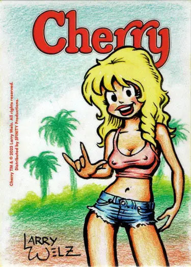 Cartoon blonde woman in pink crop top peace sign on Paul Maitland Sketch Card