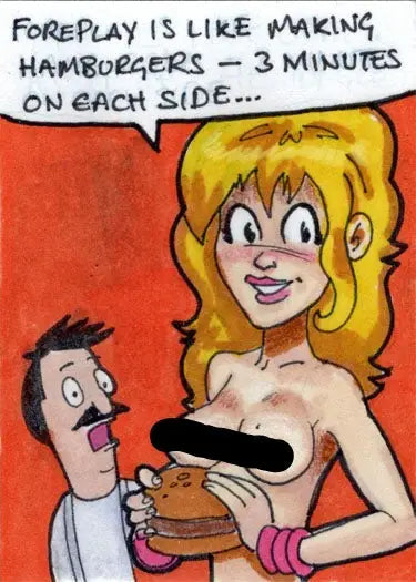 Cartoon sketch card by Paul Maitland featuring characters discussing foreplay and hamburgers