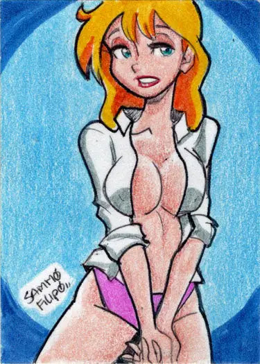 Cartoon blonde woman in white top and pink underwear on Cherry Sketch Card Sammo Filipo