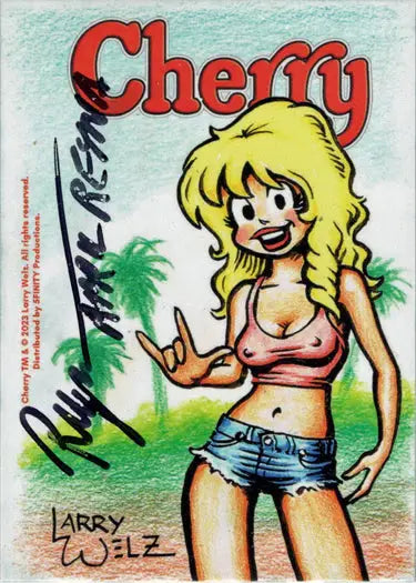Cartoon of blonde woman in pink top on Cherry November 5finity 2023 Sketch Card by April Reyna