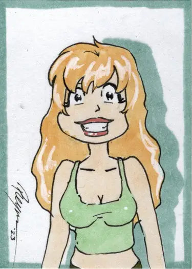 Cartoon-style blonde woman in green top on Cherry November April Reyna sketch card