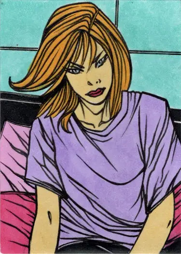 Cartoon-style woman with blonde hair in purple shirt on Ulisses Gabriel sketch card