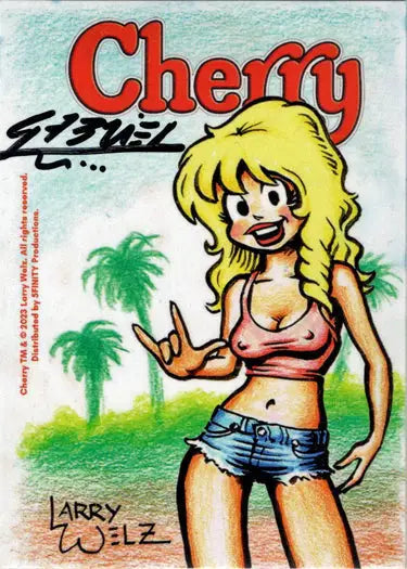 Cartoon-style blonde woman in summer attire on Cherry November 5finity sketch card by Ulisses Gabriel