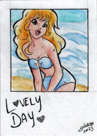 Cartoon-style sketch card of a blonde woman in a blue bikini by Vinicius Galhardo