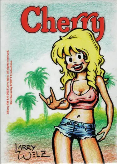 Blonde woman in summer attire on Cherry November sketch card by Vinicius Galhardo