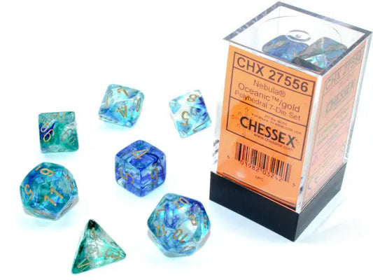 Nebula Oceanic Gold Polyhedral Dice Set in Display Case for Chessex Oceanic Gold collection