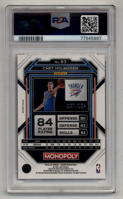 Chet Holmgren 2022-23 Prizm Monopoly card in blue jersey, PSA 10 Gem Mint condition