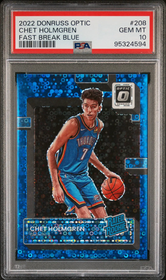 Chet Holmgren basketball card from Donruss Optic Fast Break Blue series PSA 10