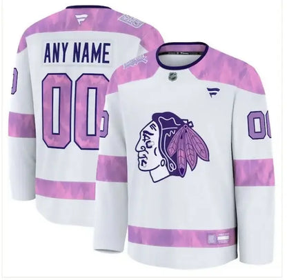 White Chicago Blackhawks 2024 Hockey Fights Cancer practice jersey with pink accents
