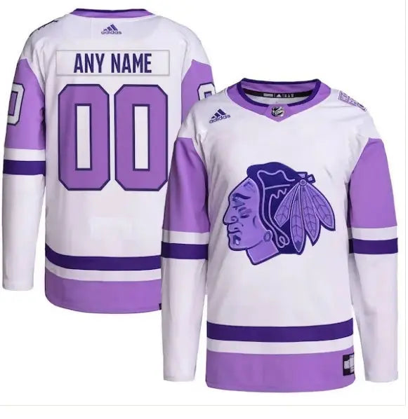 White and lavender Chicago Blackhawks Adidas Hockey Fights Cancer Primegreen authentic jersey