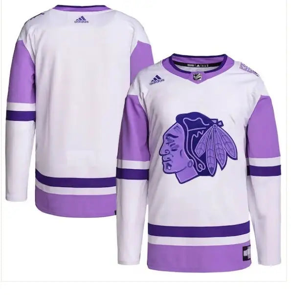 White and lavender Chicago Blackhawks Hockey Fights Cancer adidas Practice Jersey